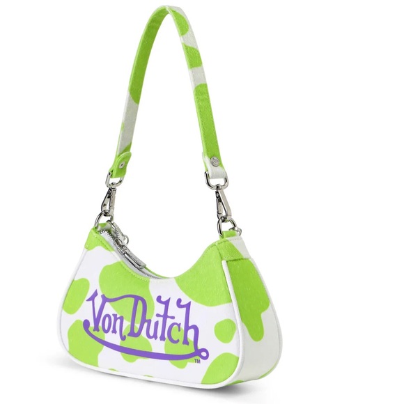 Von Dutch Vegan Pony Hair Lime Green Cow Shoulder Hand Bag with Purple Logo - Picture 7 of 14